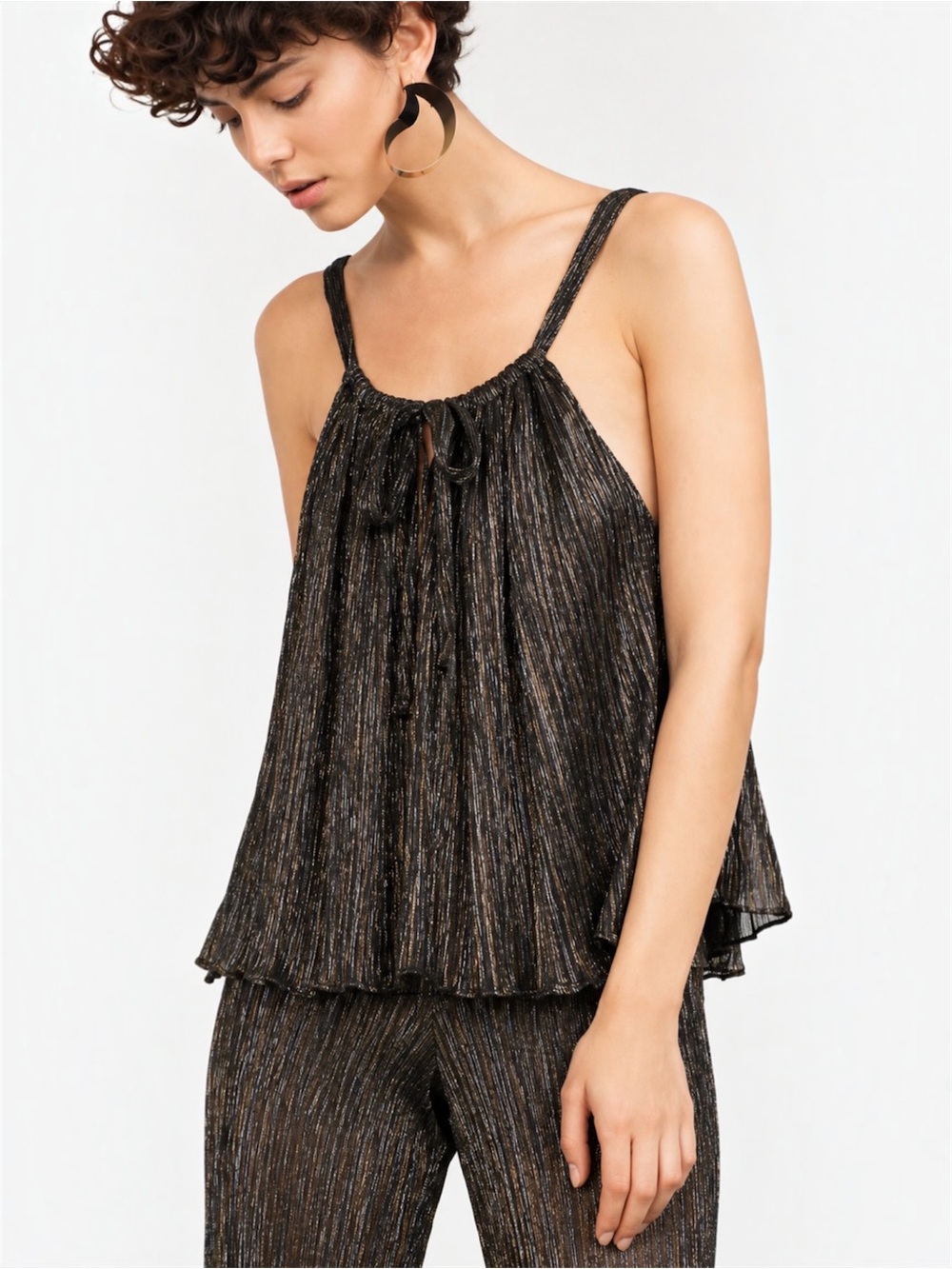 Zara Metallic Pleated Keyhole Cami Top Black Gold Silver XS Oversized Fits XS-M